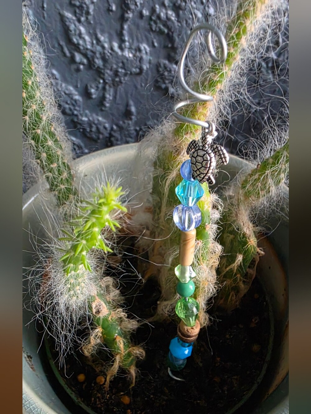 Handmade Turtle Charm Beaded Plant Stake/stick- Blue & Green Mixed Breads.